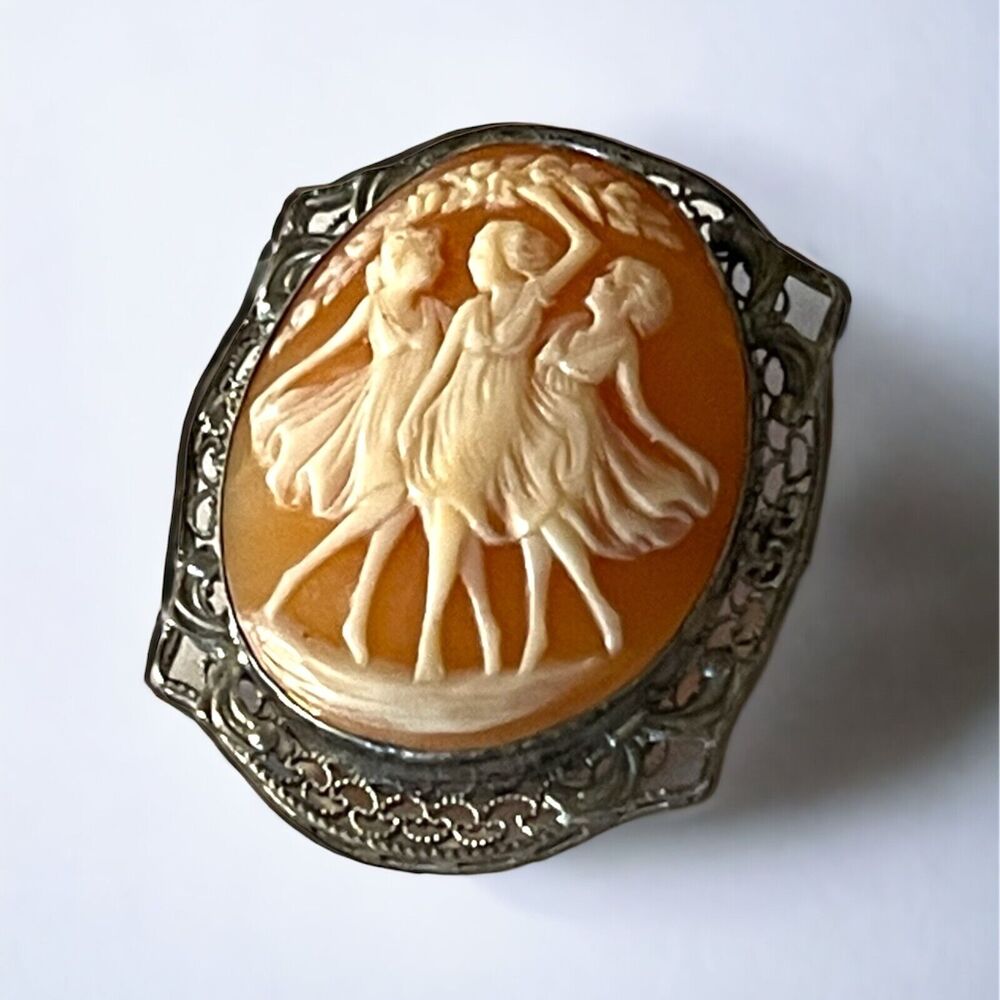 Vintage Silver Three Graces Shell Cameo Filigree Pin Pendant 3 Muses Brooch